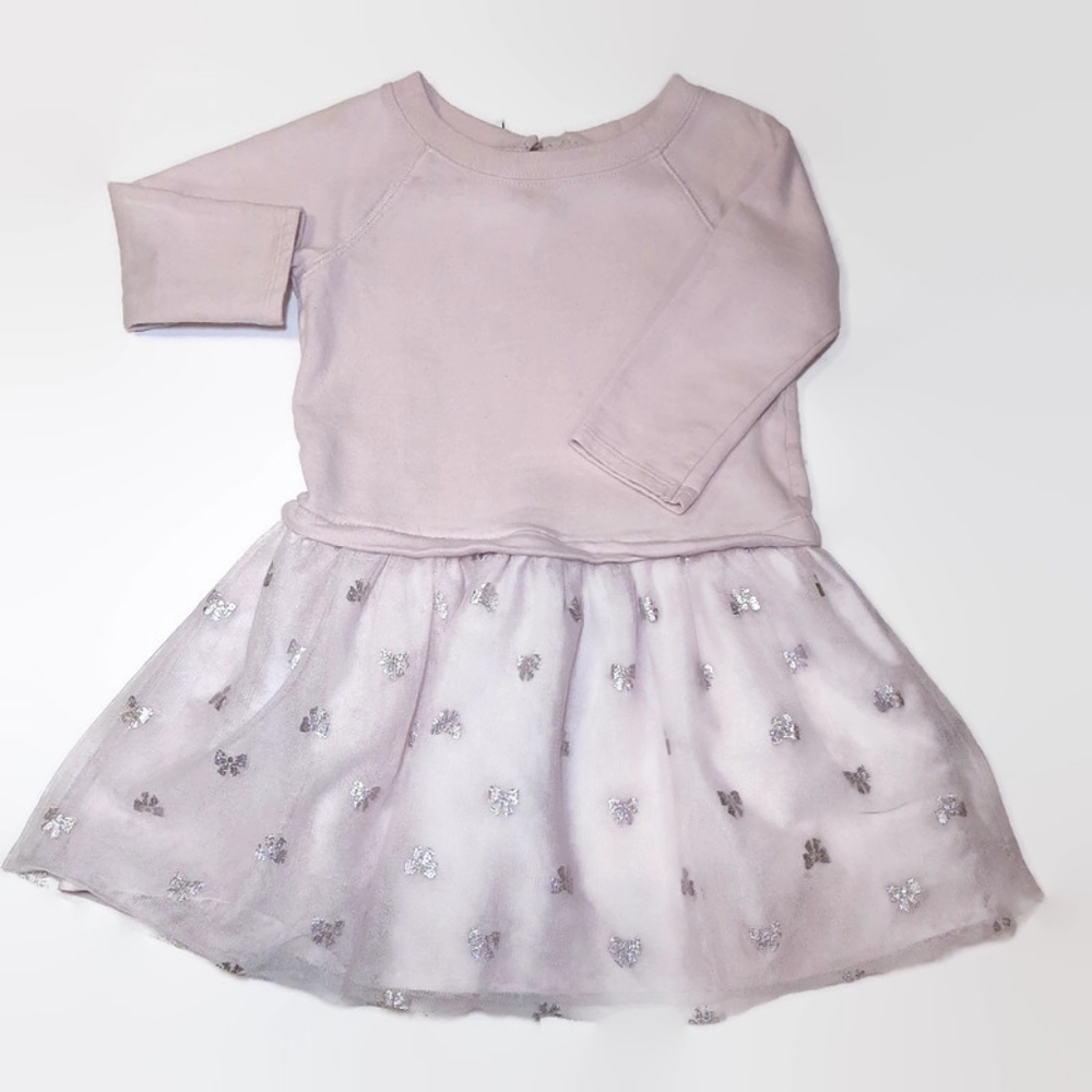 Carters Tulle Tutu Sweater Dress Metallic Pink Ribbon Bow Print Size 4T